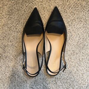 Stuart Weitzman Black Pointed Leather Slingback Flats with Buckle